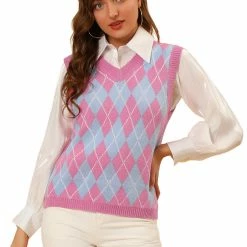 Allegra K Women's Plaid Check Knit Argyle Sweater Sleeveless Vest