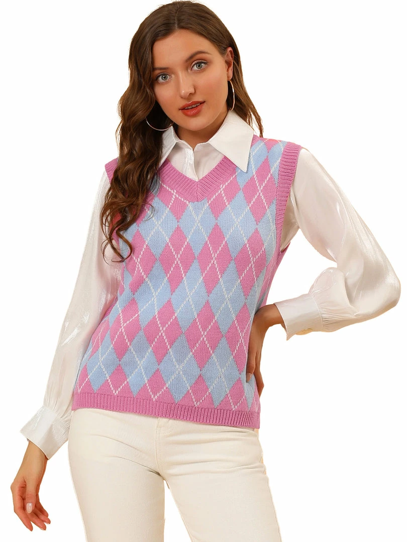 Allegra K Women's Plaid Check Knit Argyle Sweater Sleeveless Vest 4 Allegra K Women's Plaid Check Knit Argyle Sweater Sleeveless Vest