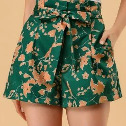 Allegra K Women's Summer Bow Tie High Waist Short Paper Bag Floral Shorts