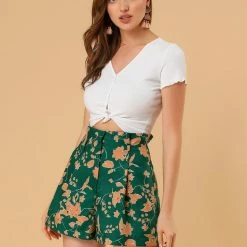 Allegra K Women's Summer Bow Tie High Waist Short Paper Bag Floral Shorts