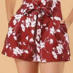 Allegra K Women's Summer Bow Tie High Waist Short Paper Bag Floral Shorts