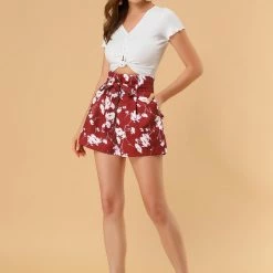 Allegra K Women's Summer Bow Tie High Waist Short Paper Bag Floral Shorts