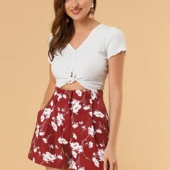 Allegra K Women's Summer Bow Tie High Waist Short Paper Bag Floral Shorts