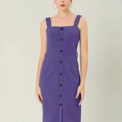 Allegra K Women's Jumper Dress Button Front Bow Tie Waist Slim Fit Pinafore Overall Pencil Dress