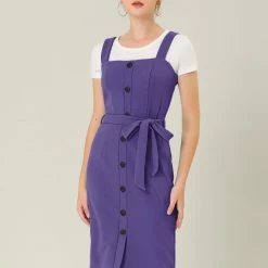 Allegra K Women's Jumper Dress Button Front Bow Tie Waist Slim Fit Pinafore Overall Pencil Dress