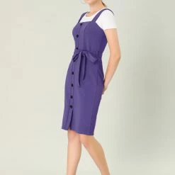 Allegra K Women's Jumper Dress Button Front Bow Tie Waist Slim Fit Pinafore Overall Pencil Dress