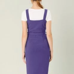 Allegra K Women's Jumper Dress Button Front Bow Tie Waist Slim Fit Pinafore Overall Pencil Dress