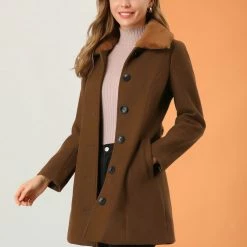 Allegra K Women's Winter Single Breasted Faux Fur Collar Warm Coat