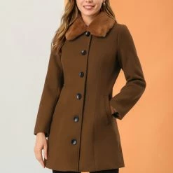 Allegra K Women's Winter Single Breasted Faux Fur Collar Warm Coat