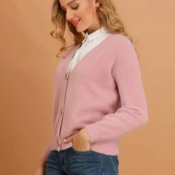 Allegra K Women's Fluffy Cardigan Open Front V-Neck Long Sleeve Button Down Knit Sweater 25 Allegra K Women's Fluffy Cardigan Open Front V-Neck Long Sleeve Button Down Knit Sweater