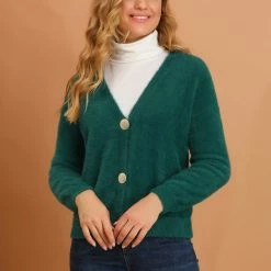 Allegra K Women's Fluffy Cardigan Open Front V-Neck Long Sleeve Button Down Knit Sweater 18 Allegra K Women's Fluffy Cardigan Open Front V-Neck Long Sleeve Button Down Knit Sweater
