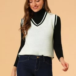 Allegra K Women's V Neck Sweater Vest Contrast Color Knit Sleeveless Pullover Sweater