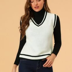 Allegra K Women's V Neck Sweater Vest Contrast Color Knit Sleeveless Pullover Sweater