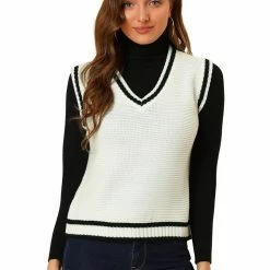 Allegra K Women's V Neck Sweater Vest Contrast Color Knit Sleeveless Pullover Sweater