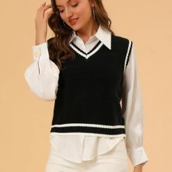 Allegra K Women's V Neck Sweater Vest Contrast Color Knit Sleeveless Pullover Sweater