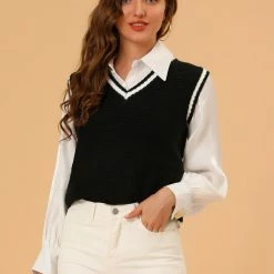 Allegra K Women's V Neck Sweater Vest Contrast Color Knit Sleeveless Pullover Sweater
