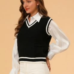 Allegra K Women's V Neck Sweater Vest Contrast Color Knit Sleeveless Pullover Sweater