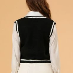 Allegra K Women's V Neck Sweater Vest Contrast Color Knit Sleeveless Pullover Sweater