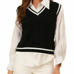 Allegra K Women's V Neck Sweater Vest Contrast Color Knit Sleeveless Pullover Sweater