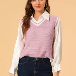 Allegra K Women's V Neck Sweater Vest Contrast Color Knit Sleeveless Pullover Sweater