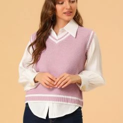 Allegra K Women's V Neck Sweater Vest Contrast Color Knit Sleeveless Pullover Sweater