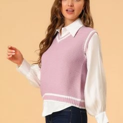 Allegra K Women's V Neck Sweater Vest Contrast Color Knit Sleeveless Pullover Sweater