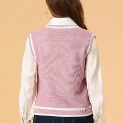Allegra K Women's V Neck Sweater Vest Contrast Color Knit Sleeveless Pullover Sweater