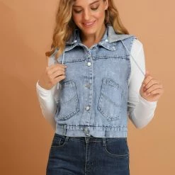Allegra K Women's Drawstring Hood Turn Down Collar Button Denim Washed Vest
