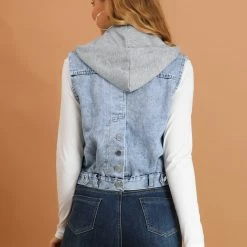 Allegra K Women's Drawstring Hood Turn Down Collar Button Denim Washed Vest