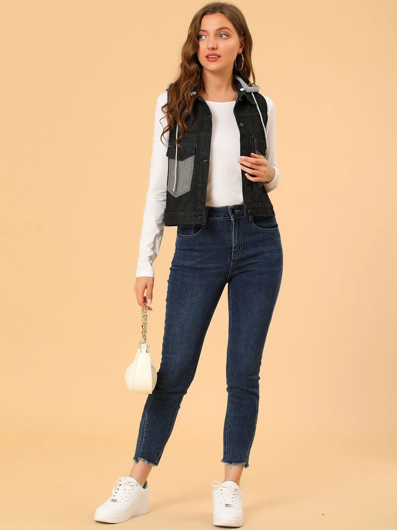 Allegra K Women's Loose Sleeveless Denim Vest Detachable Drawstring Hooded Jean Jackets 6 Allegra K Women's Loose Sleeveless Denim Vest Detachable Drawstring Hooded Jean Jackets