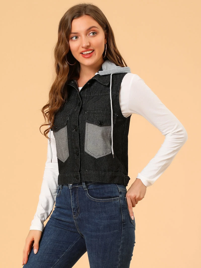 Allegra K Women's Loose Sleeveless Denim Vest Detachable Drawstring Hooded Jean Jackets 7 Allegra K Women's Loose Sleeveless Denim Vest Detachable Drawstring Hooded Jean Jackets