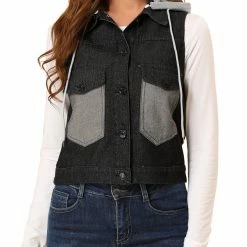 Allegra K Women's Loose Sleeveless Denim Vest Detachable Drawstring Hooded Jean Jackets