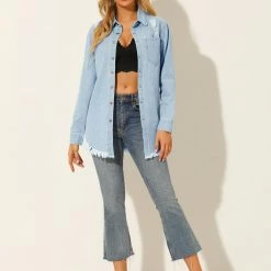 Allegra K Women's Denim Ripped Button Down Jacket