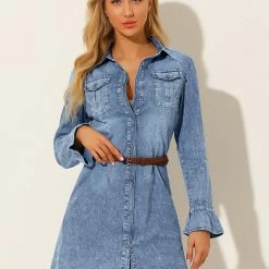 Allegra K Women's Button Down Long Bell Sleeve A-Line Chambray Denim Shirt Dress 11 Allegra K Women's Button Down Long Bell Sleeve A-Line Chambray Denim Shirt Dress