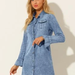 Allegra K Women's Button Down Long Bell Sleeve A-Line Chambray Denim Shirt Dress 13 Allegra K Women's Button Down Long Bell Sleeve A-Line Chambray Denim Shirt Dress