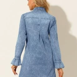 Allegra K Women's Button Down Long Bell Sleeve A-Line Chambray Denim Shirt Dress 14 Allegra K Women's Button Down Long Bell Sleeve A-Line Chambray Denim Shirt Dress