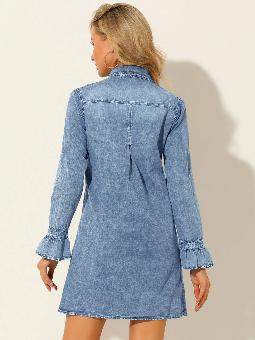 Allegra K Women's Button Down Long Bell Sleeve A-Line Chambray Denim Shirt Dress 8 Allegra K Women's Button Down Long Bell Sleeve A-Line Chambray Denim Shirt Dress