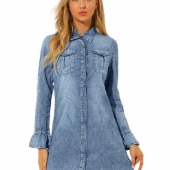 Allegra K Women's Button Down Long Bell Sleeve A-Line Chambray Denim Shirt Dress