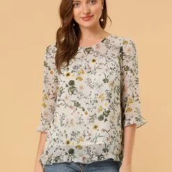 Allegra K Women's Casual Ruffle 3/4 Sleeve Floral Print Chiffon Blouse 97 Allegra K Women's Casual Ruffle 3/4 Sleeve Floral Print Chiffon Blouse
