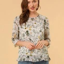 Allegra K Women's Casual Ruffle 3/4 Sleeve Floral Print Chiffon Blouse 98 Allegra K Women's Casual Ruffle 3/4 Sleeve Floral Print Chiffon Blouse