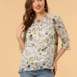 Allegra K Women's Casual Ruffle 3/4 Sleeve Floral Print Chiffon Blouse 99 Allegra K Women's Casual Ruffle 3/4 Sleeve Floral Print Chiffon Blouse