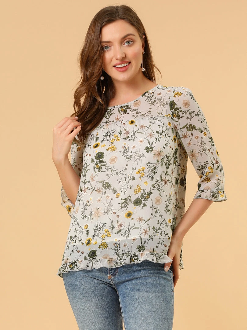 Allegra K Women's Casual Ruffle 3/4 Sleeve Floral Print Chiffon Blouse 47 Allegra K Women's Casual Ruffle 3/4 Sleeve Floral Print Chiffon Blouse