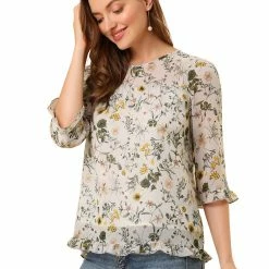 Allegra K Women's Casual Ruffle 3/4 Sleeve Floral Print Chiffon Blouse 96 Allegra K Women's Casual Ruffle 3/4 Sleeve Floral Print Chiffon Blouse