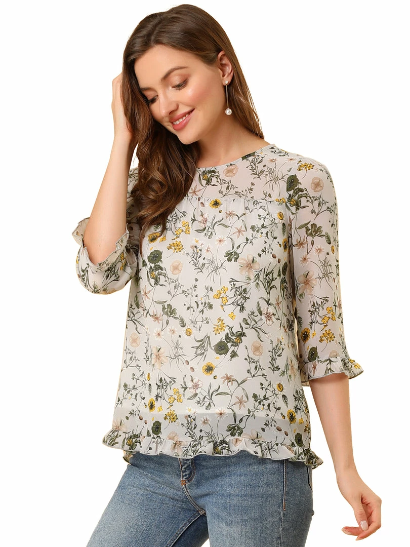 Allegra K Women's Casual Ruffle 3/4 Sleeve Floral Print Chiffon Blouse 44 Allegra K Women's Casual Ruffle 3/4 Sleeve Floral Print Chiffon Blouse