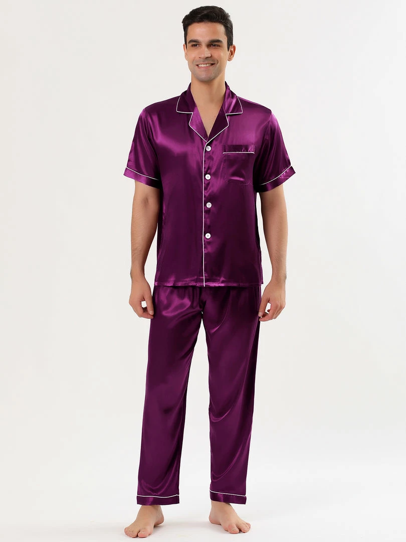 Allegra K Men's Satin Sleepwear Short Sleeves Button Down Top And Pants Lounge Pajama Sets 30 Allegra K Men's Satin Sleepwear Short Sleeves Button Down Top And Pants Lounge Pajama Sets