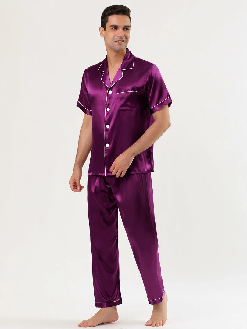 Allegra K Men's Satin Sleepwear Short Sleeves Button Down Top And Pants Lounge Pajama Sets 31 Allegra K Men's Satin Sleepwear Short Sleeves Button Down Top And Pants Lounge Pajama Sets