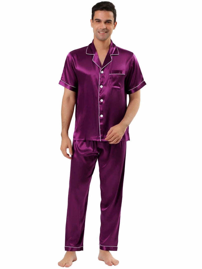 Allegra K Men's Satin Sleepwear Short Sleeves Button Down Top And Pants Lounge Pajama Sets 29 Allegra K Men's Satin Sleepwear Short Sleeves Button Down Top And Pants Lounge Pajama Sets