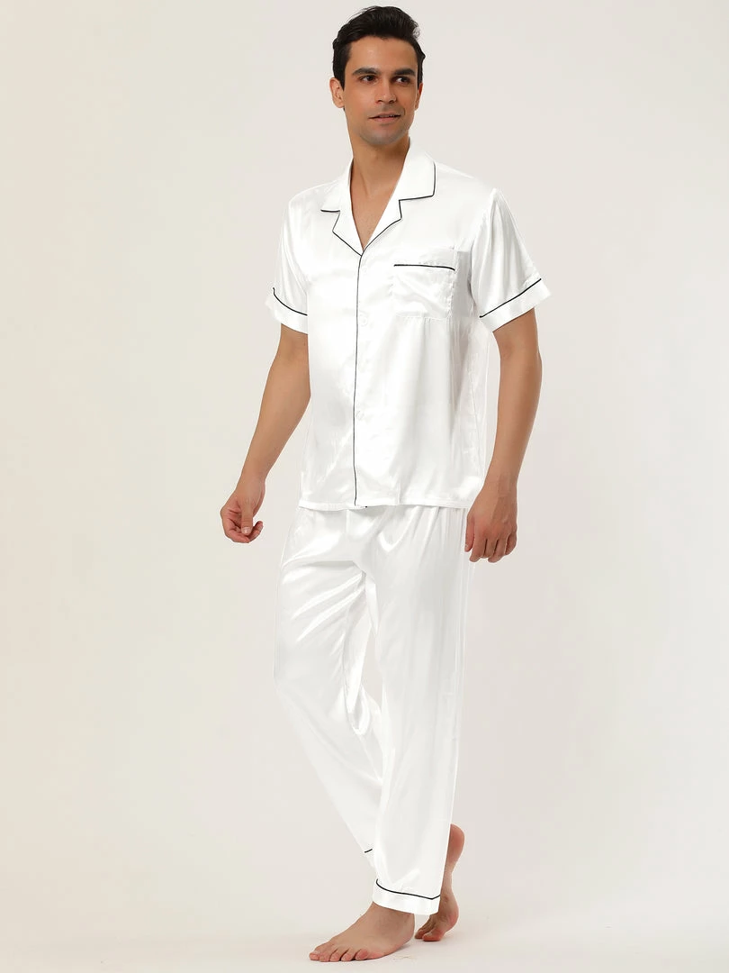 Allegra K Men's Satin Sleepwear Short Sleeves Button Down Top And Pants Lounge Pajama Sets 26 Allegra K Men's Satin Sleepwear Short Sleeves Button Down Top And Pants Lounge Pajama Sets