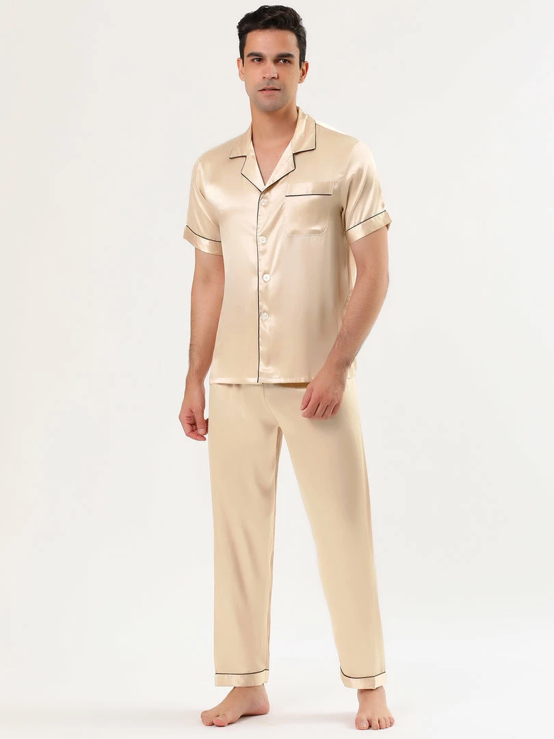 Allegra K Men's Satin Sleepwear Short Sleeves Button Down Top And Pants Lounge Pajama Sets 10 Allegra K Men's Satin Sleepwear Short Sleeves Button Down Top And Pants Lounge Pajama Sets