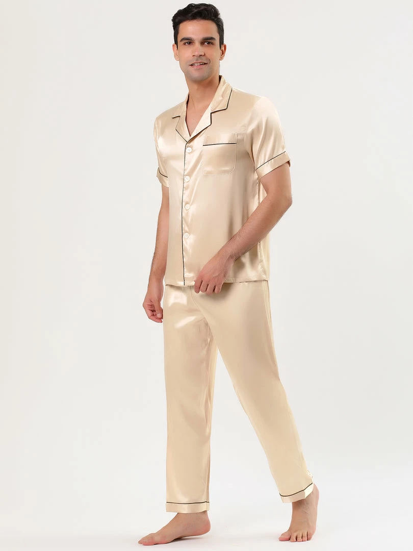 Allegra K Men's Satin Sleepwear Short Sleeves Button Down Top And Pants Lounge Pajama Sets 11 Allegra K Men's Satin Sleepwear Short Sleeves Button Down Top And Pants Lounge Pajama Sets